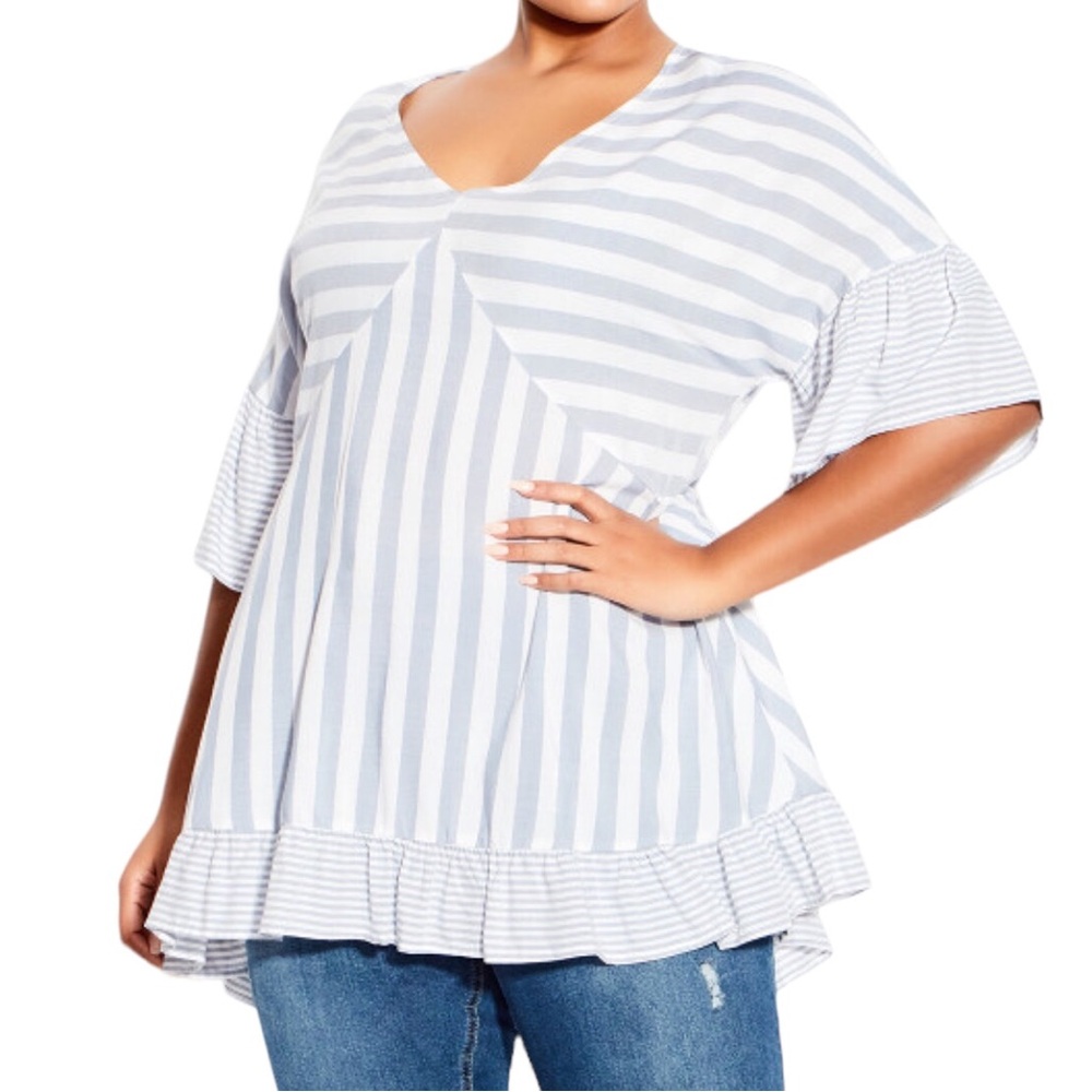Evans Avenue 30/32 Hattie Stripe Top Tunic Blue White Ruffle Preppy Feminine